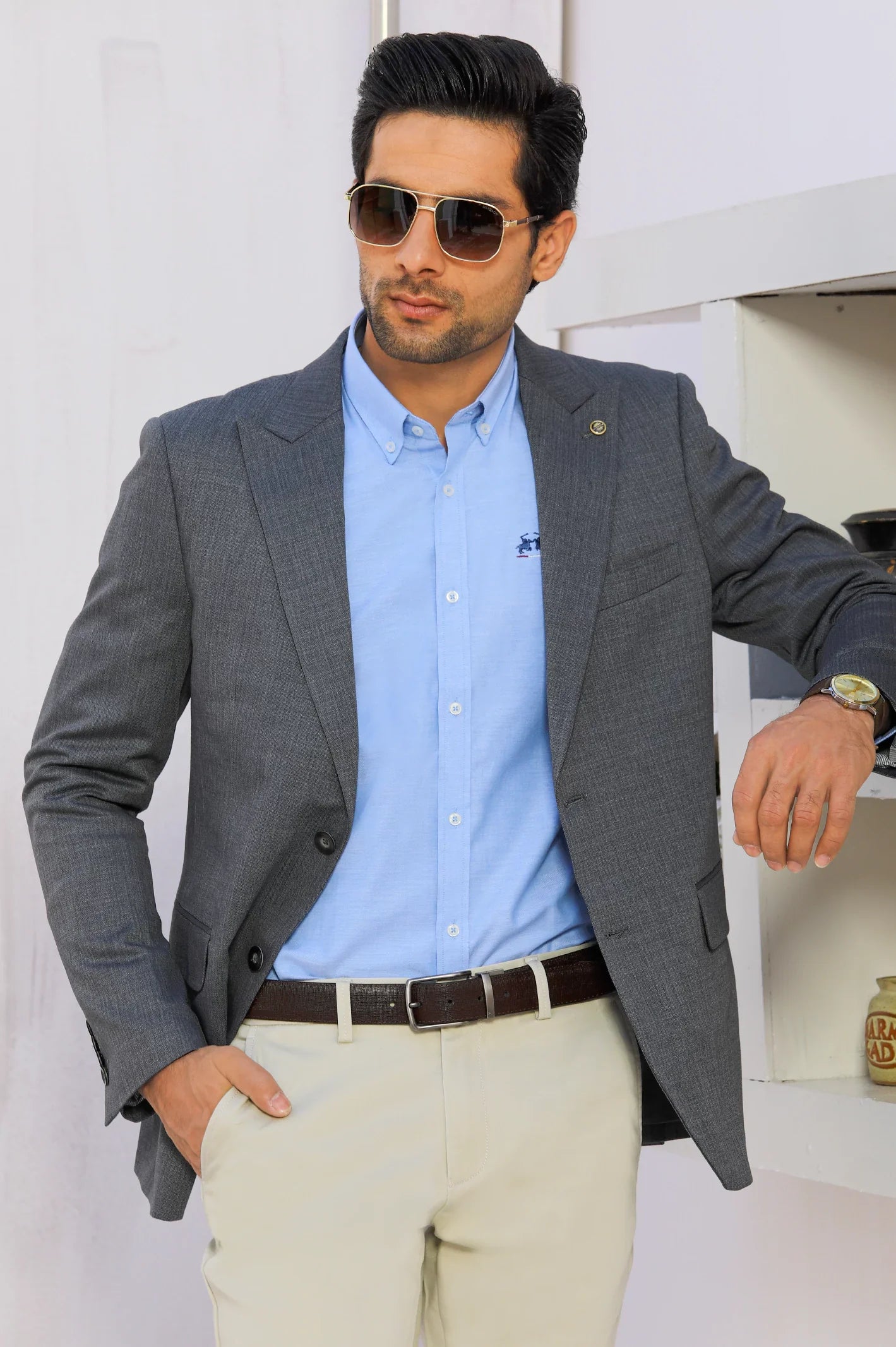 Grey Self Textured Blazer for Men