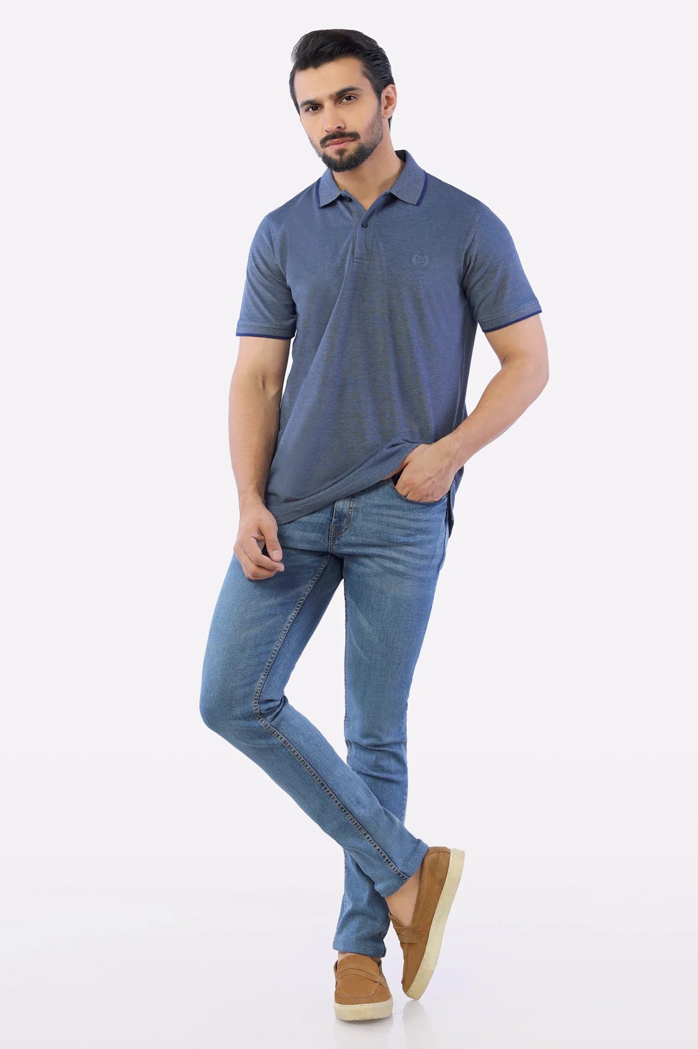 Navy Blue Jacquard Collar Polo