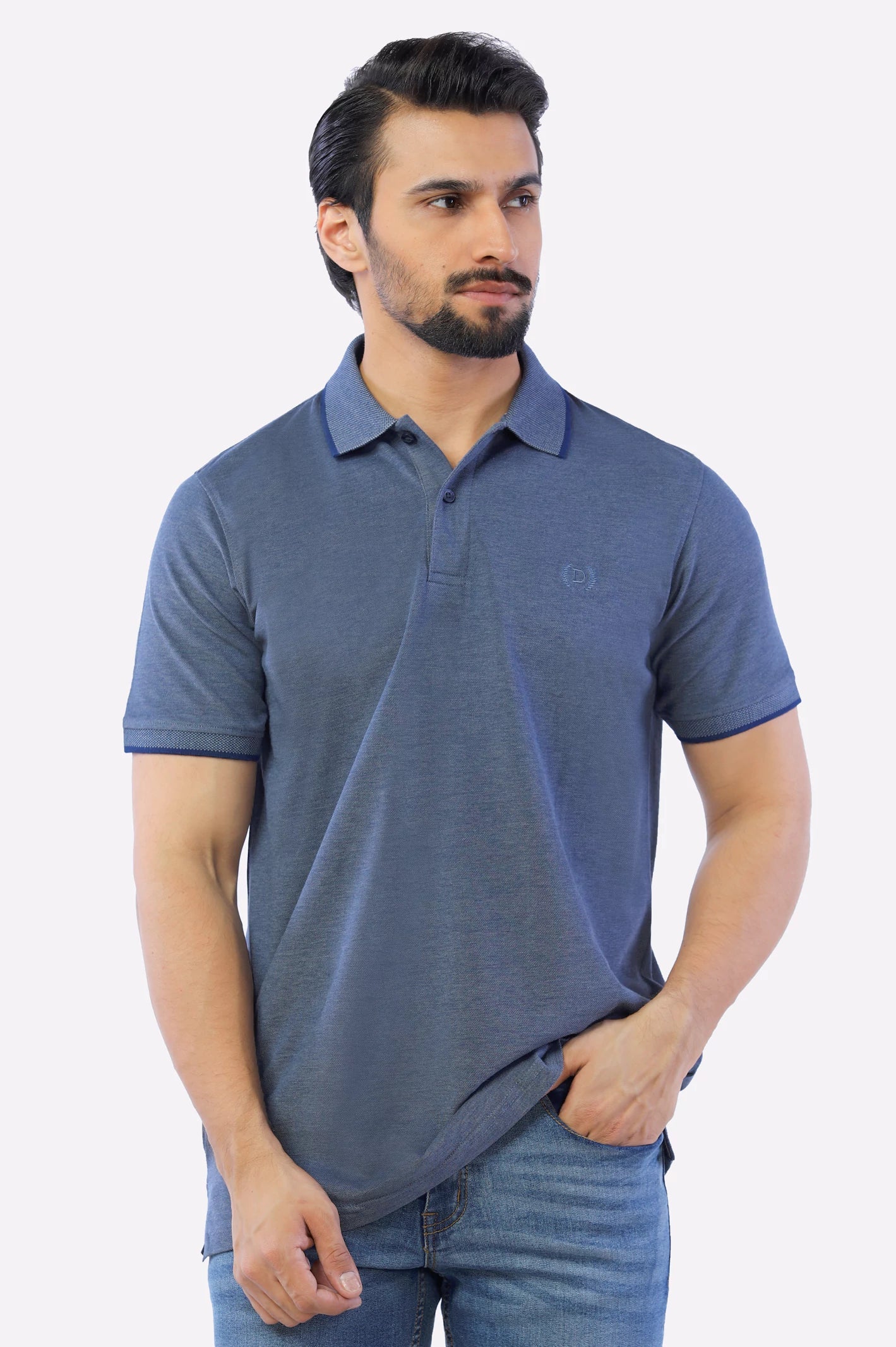 Navy Blue Jacquard Collar Polo
