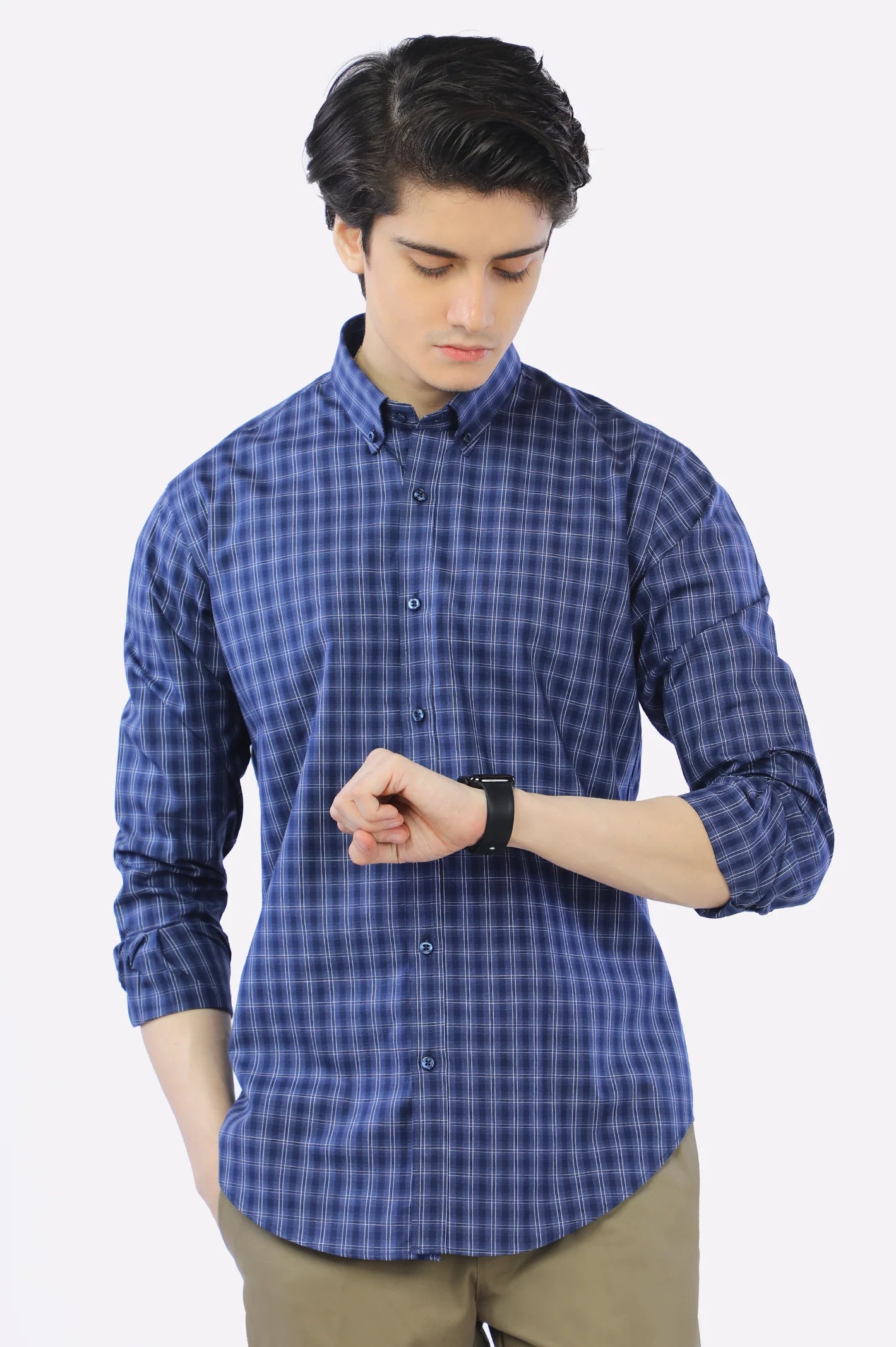 Navy Blue Windowpane Check Casual Shirt From Diners