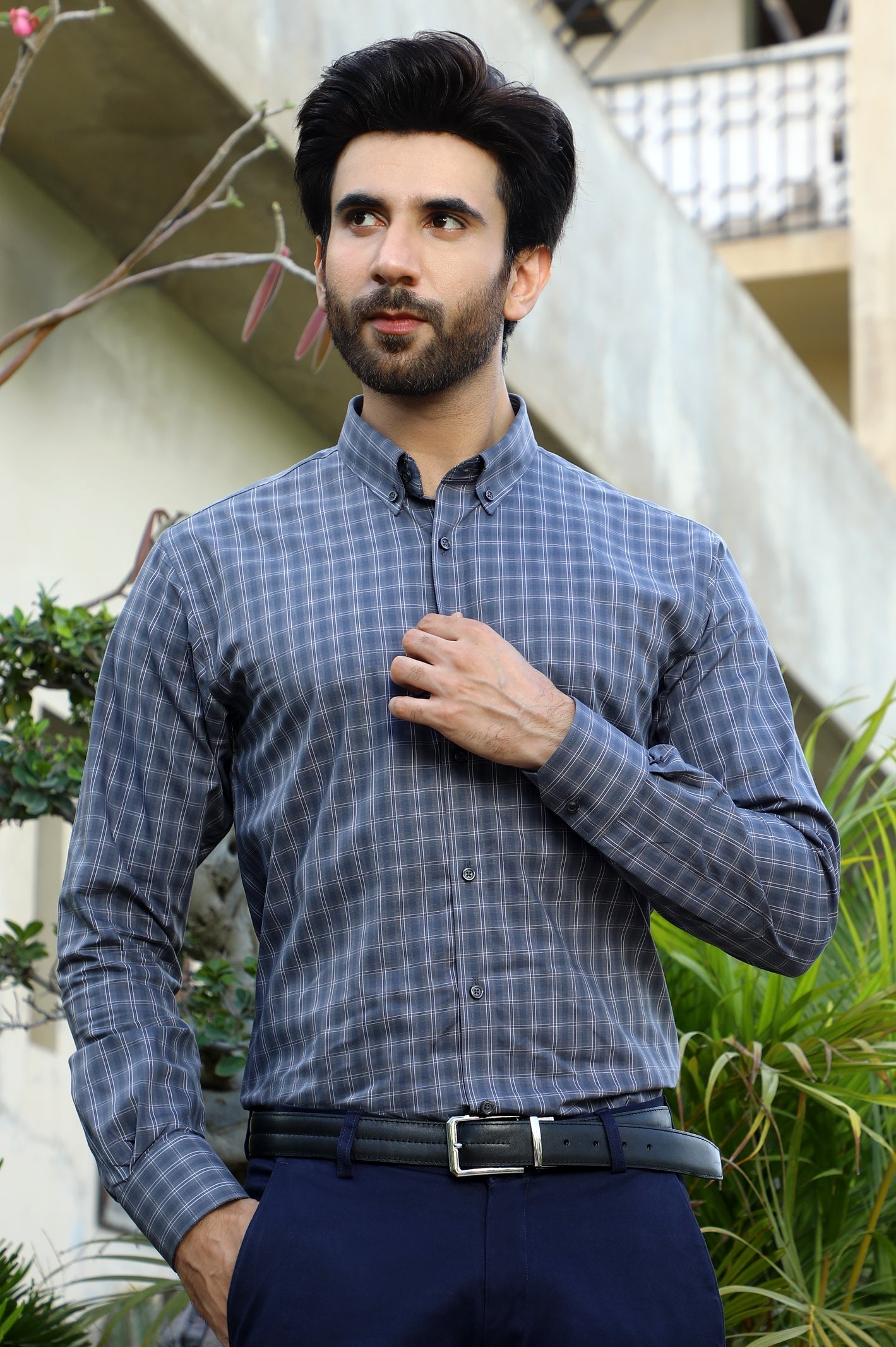 Dark Grey Windowpane Check Casual Milano Shirt - Diners