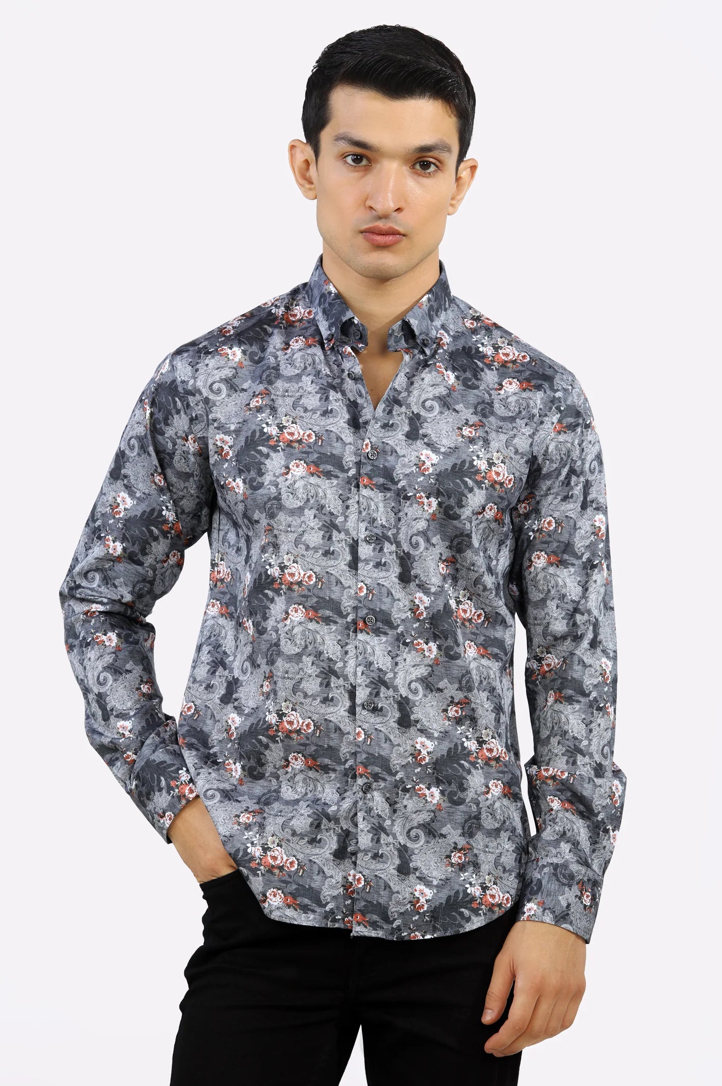 Dark Grey Paisley Printed Casual Milano Shirt From Diners