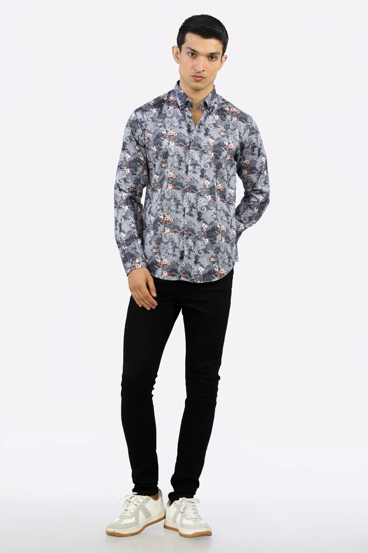 Dark Grey Paisley Printed Casual Milano Shirt From Diners