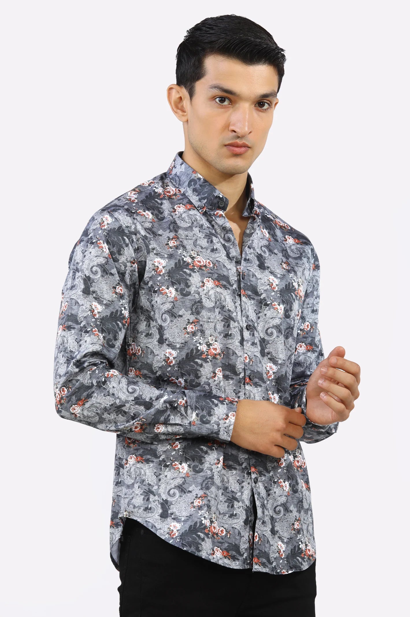 Dark Grey Paisley Printed Casual Milano Shirt From Diners