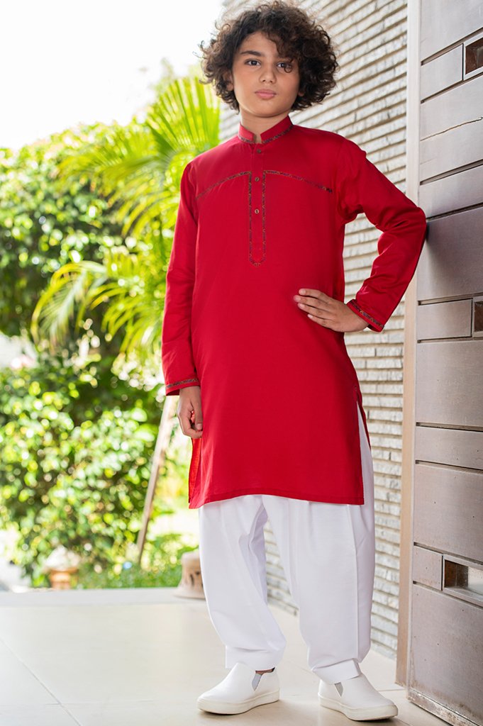 Boys Kurta Shalwar In Red - Diners