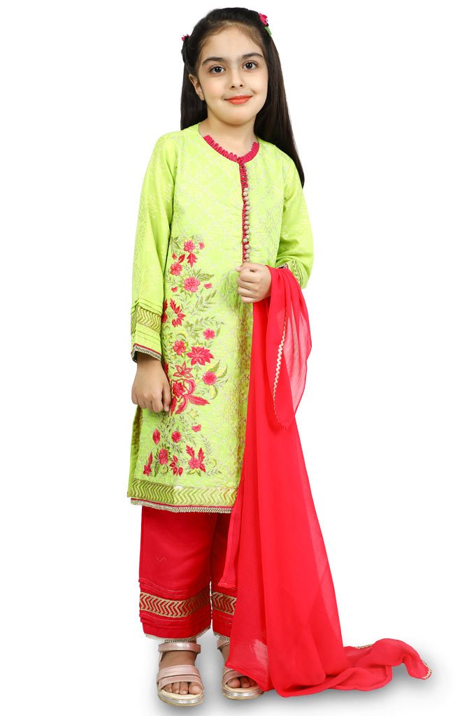 Girls Kurti With Trouser and Dupatta KGKK-0129-Green - Diners