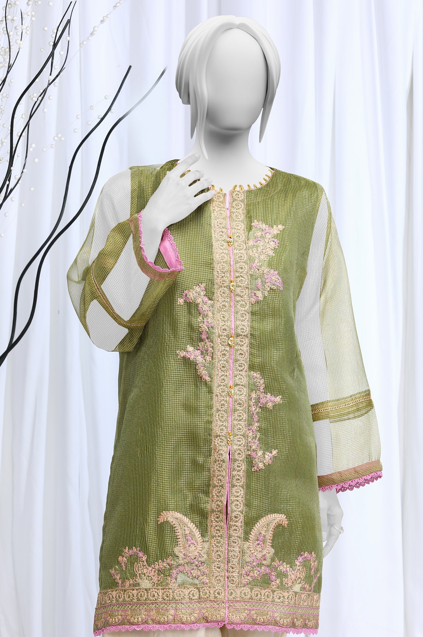 Embroidered Check Zari Green Kurti