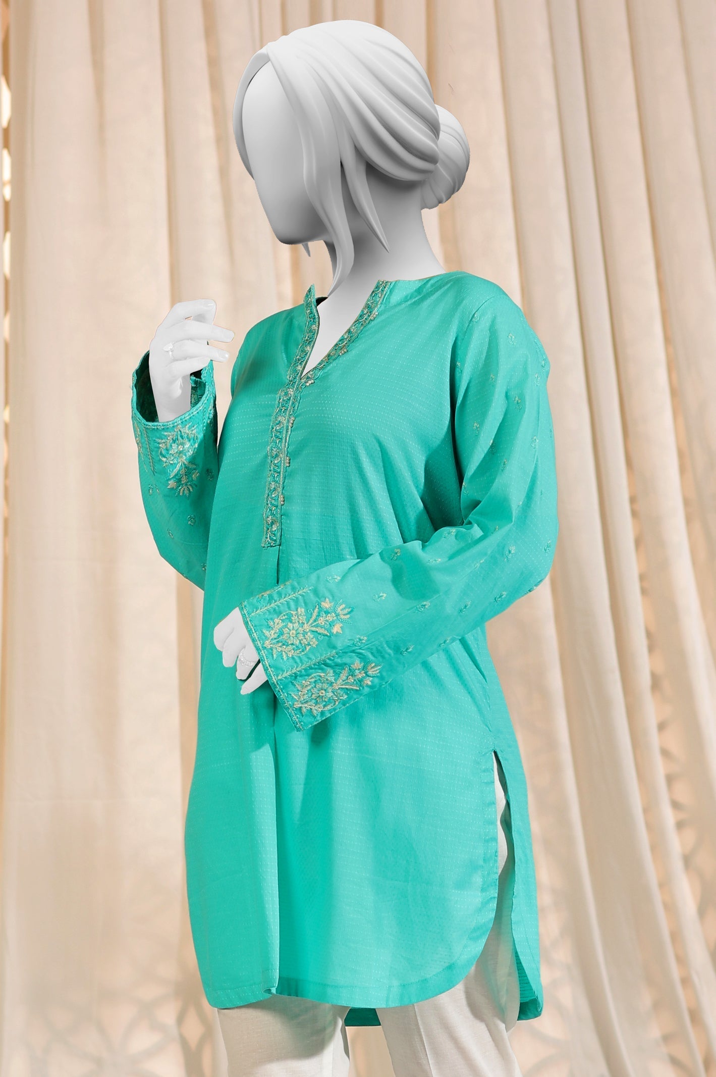 Embroidered Turquoise Dobby Kurti - Diners