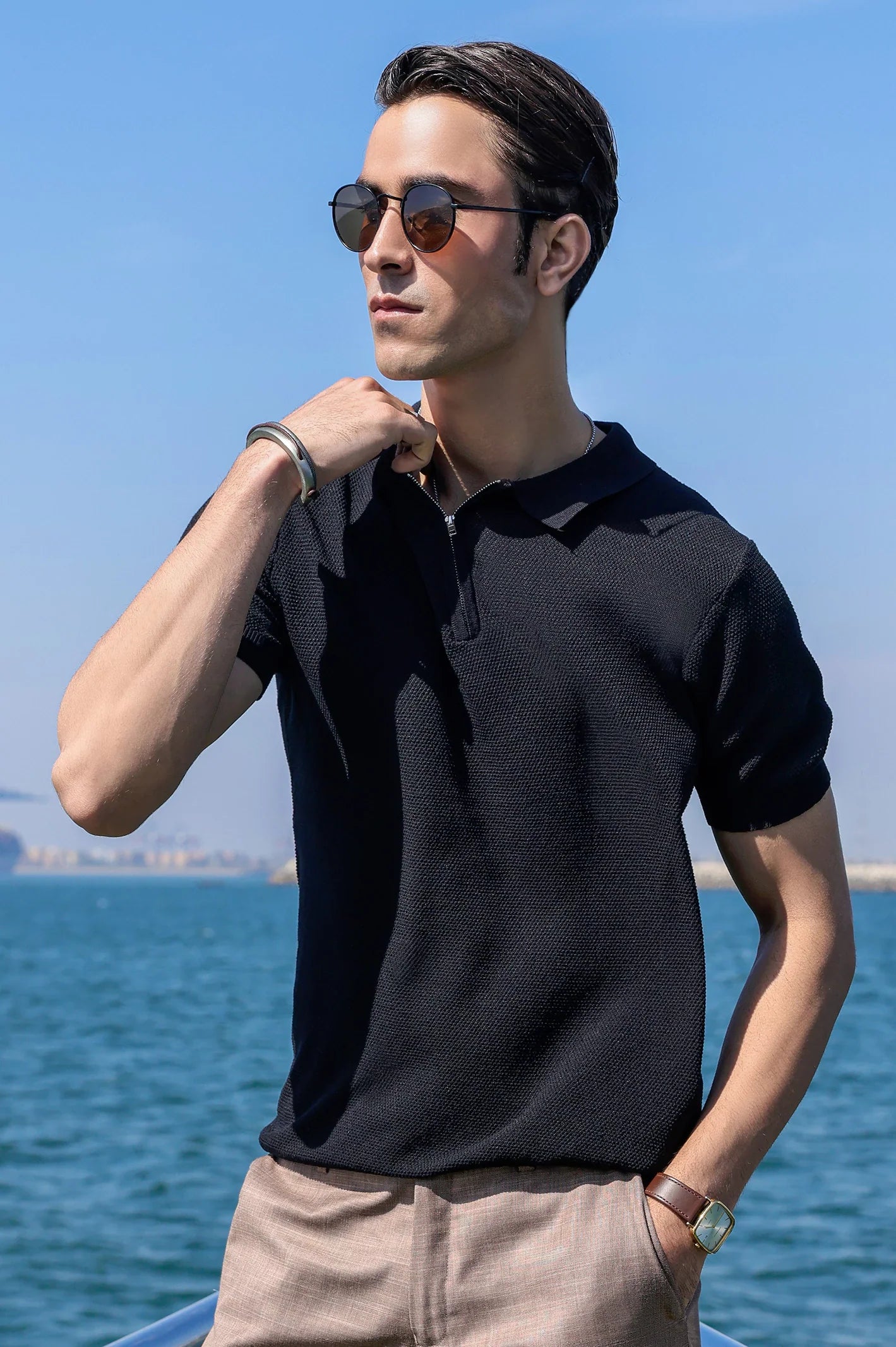Black Flat Knit Polo