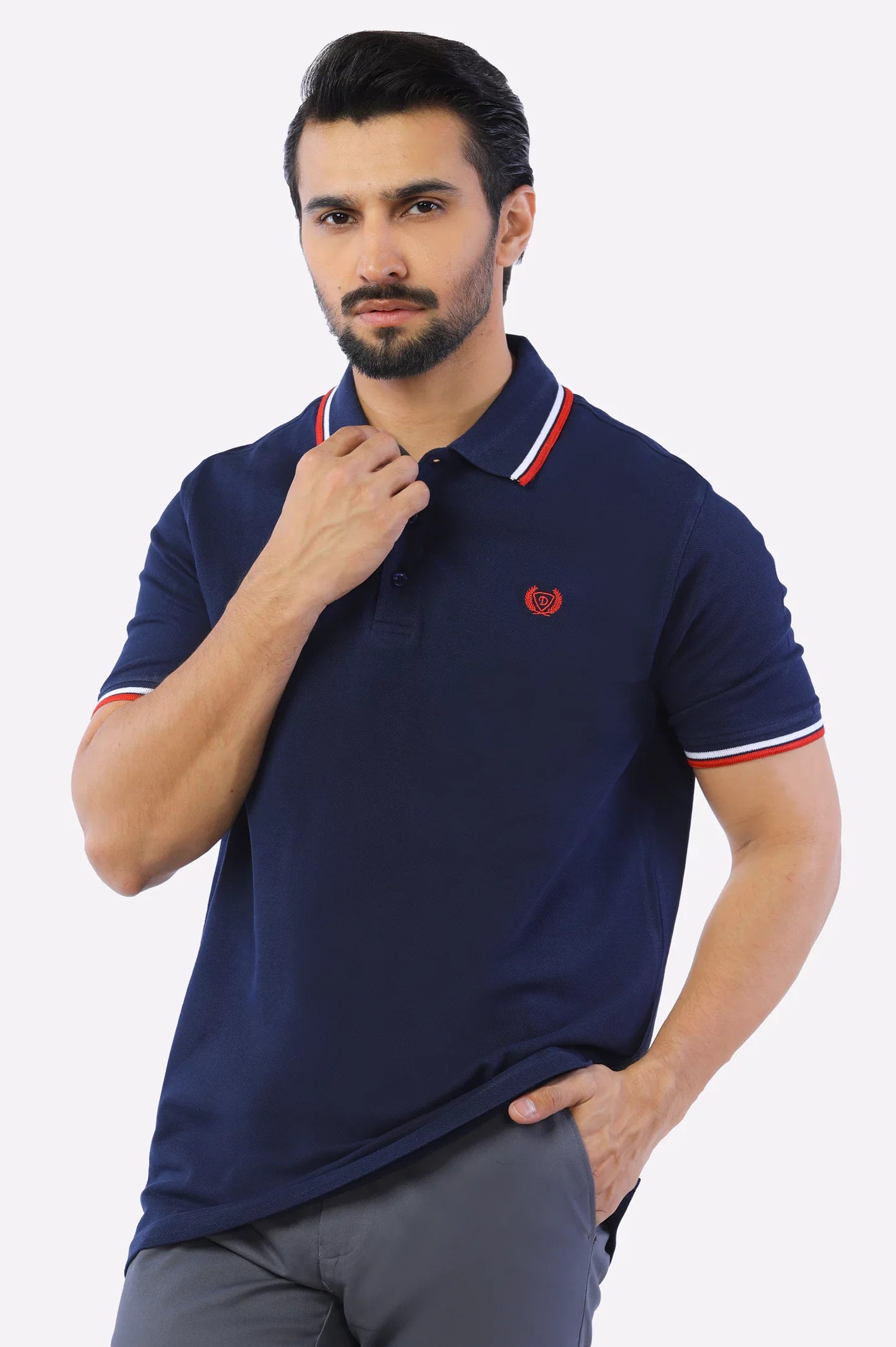 Navy Blue Jacquard Collar Polo