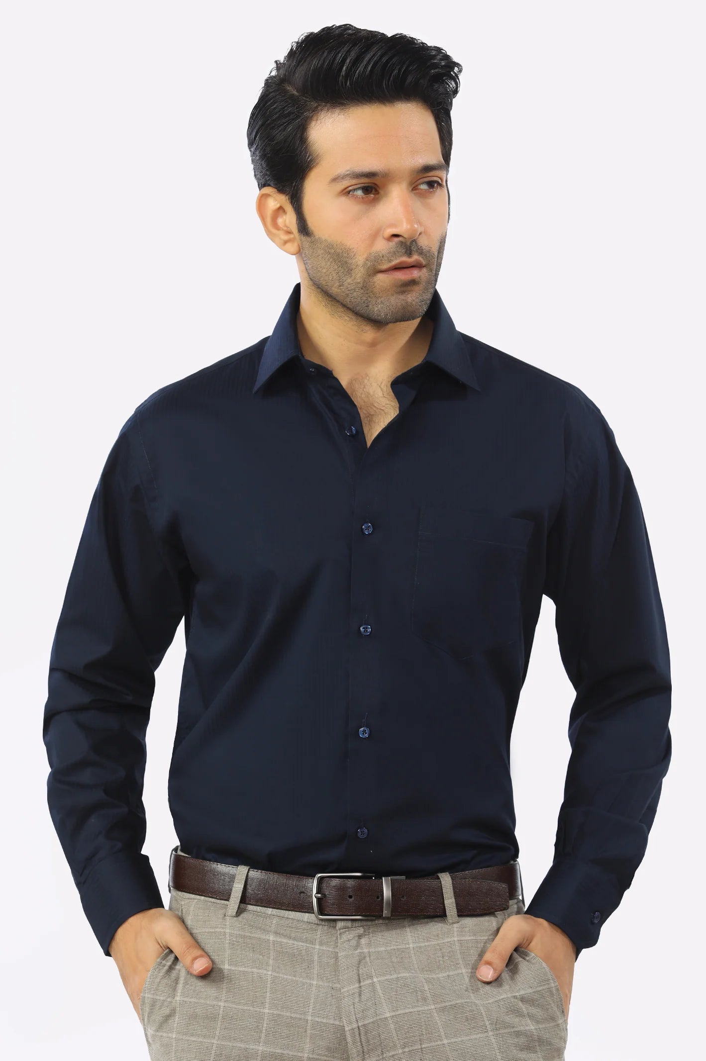 Navy Blue Textured Formal Shirt From Diners