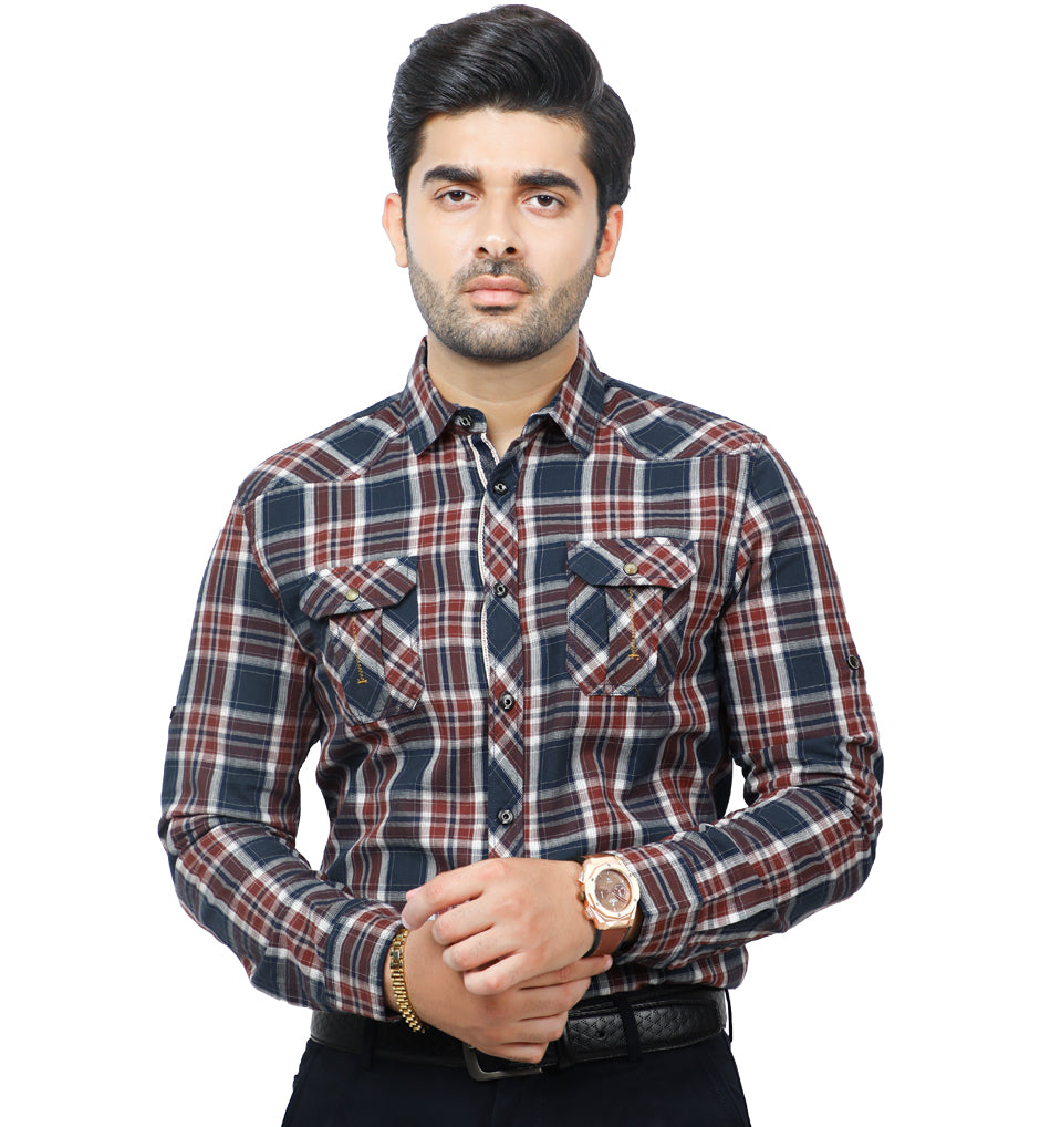 Men's Double Pocket Checkered Shirt- AG196-190-Red