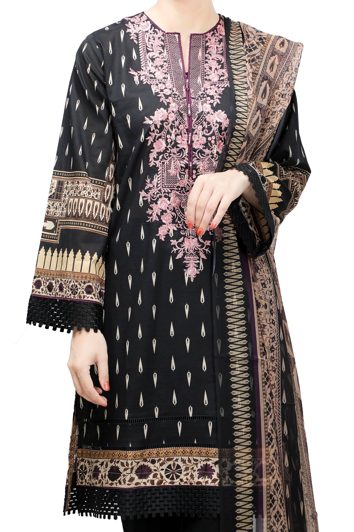 Women Stitched 3 Pcs Kurti In Black SKU: WK30021-BLACK - Diners