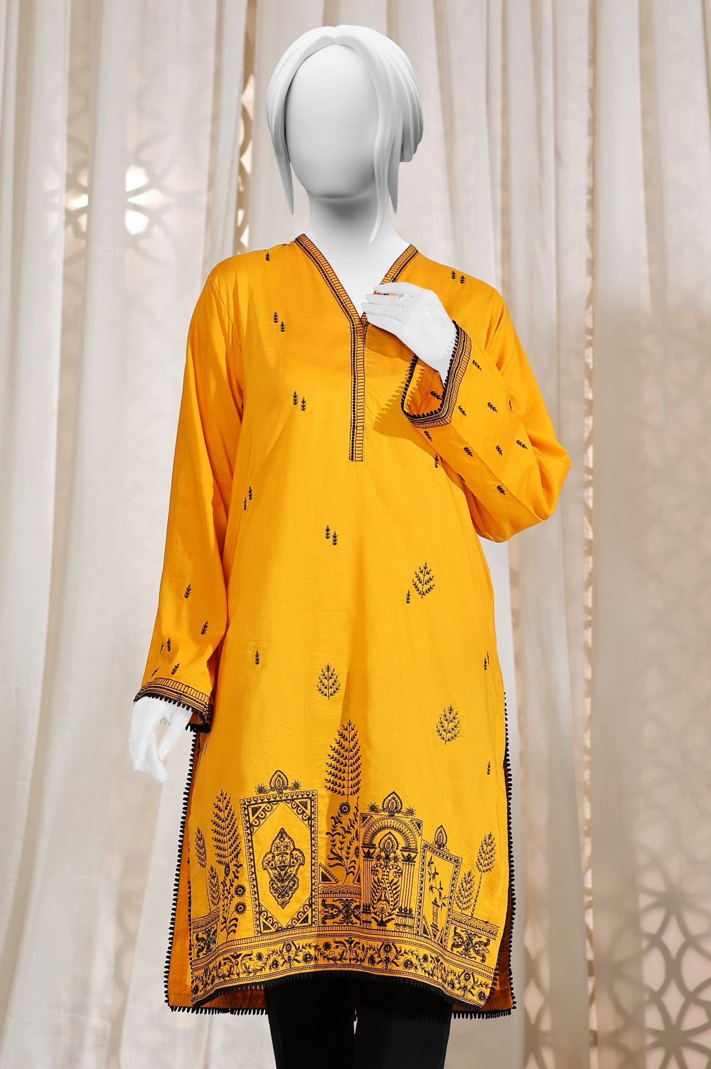 Embroidered Cambric Yellow Kurti - Diners