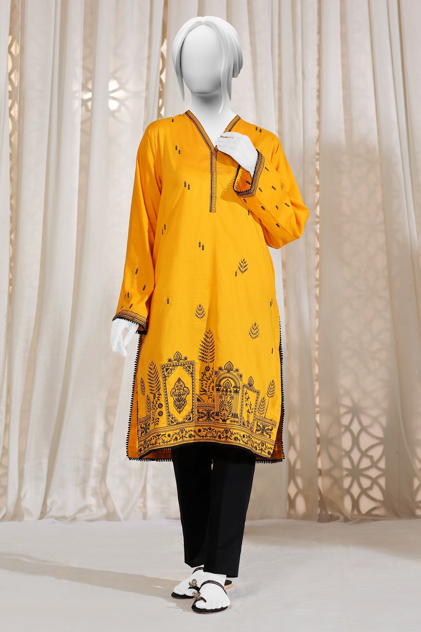 Embroidered Cambric Yellow Kurti - Diners