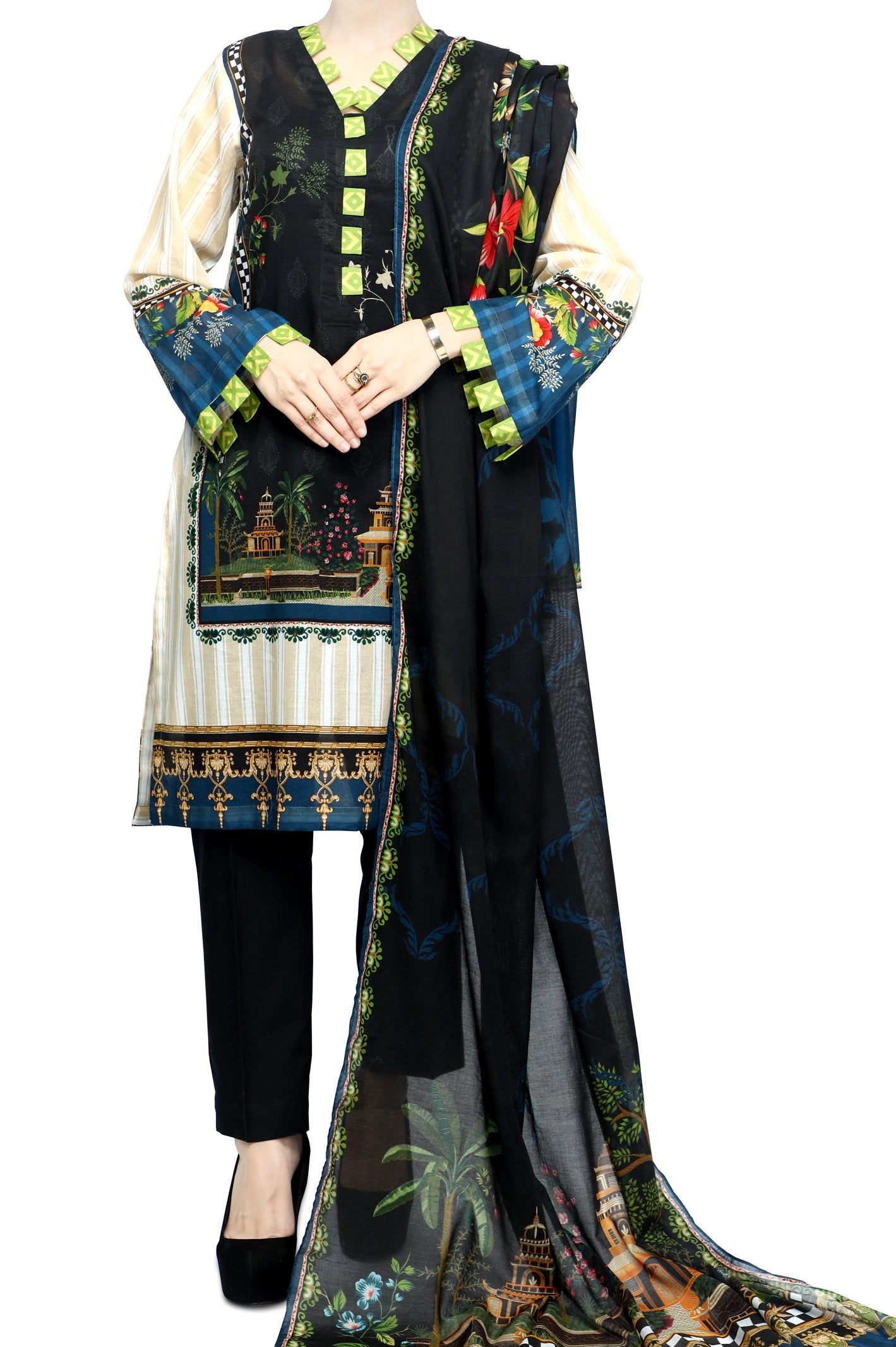 Unstitched Lawn SKU: WU30332 - BLACK (3 Pcs) - Diners