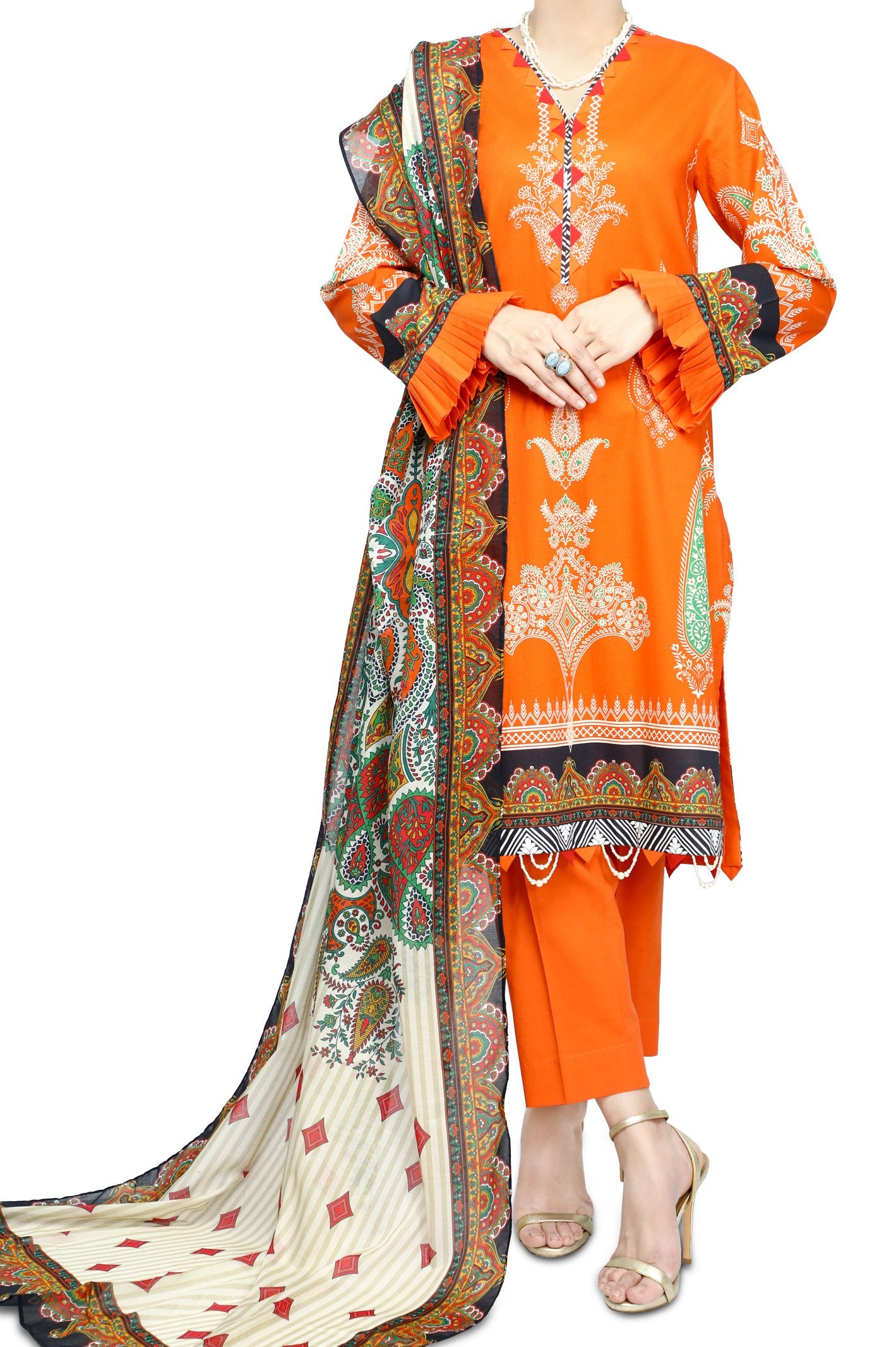 Unstitched Lawn SKU: WU30338 - ORANGE (3 Pcs) - Diners