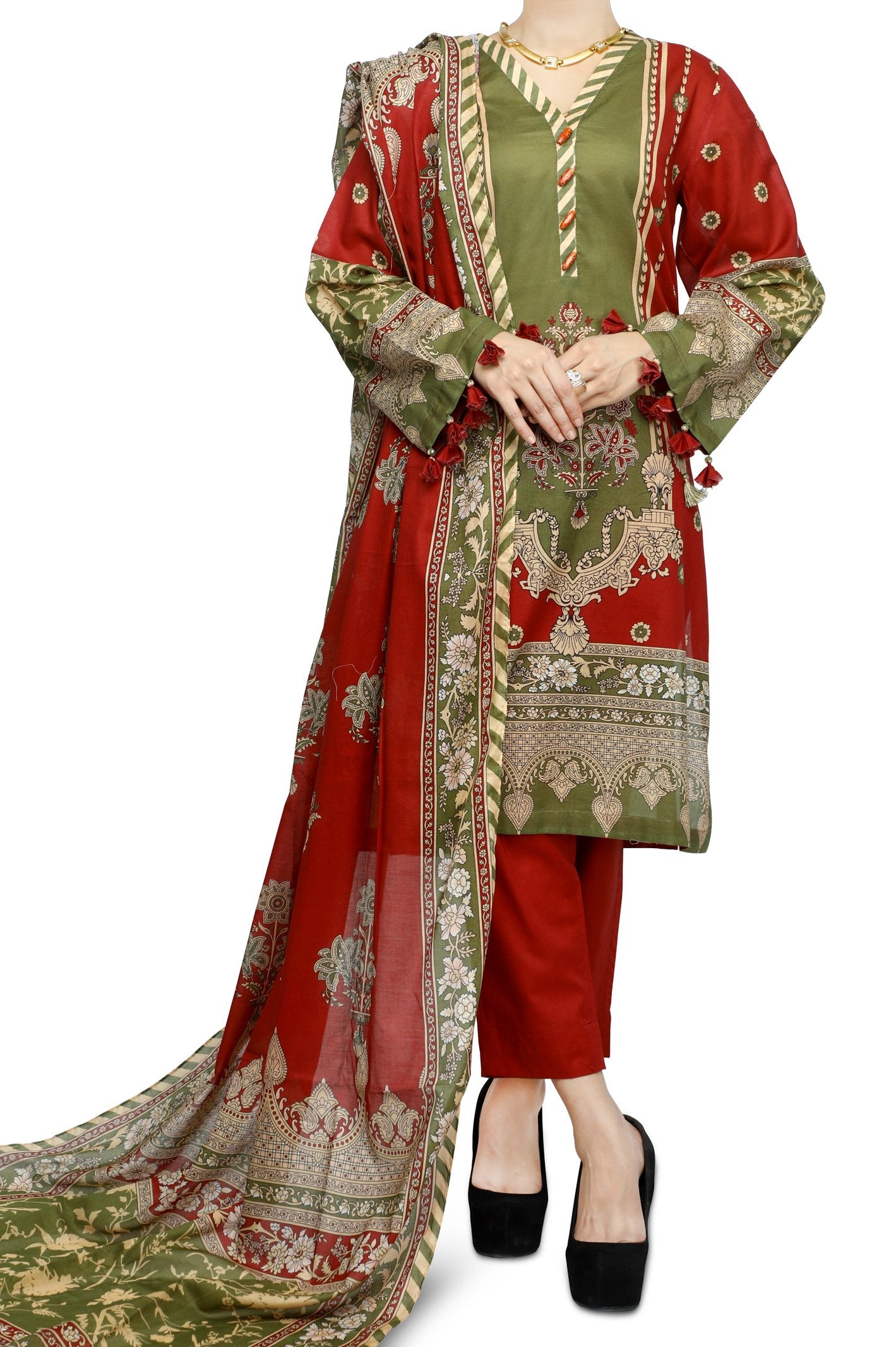 Unstitched Lawn SKU: WU30343-MAROON (3 Pcs) - Diners