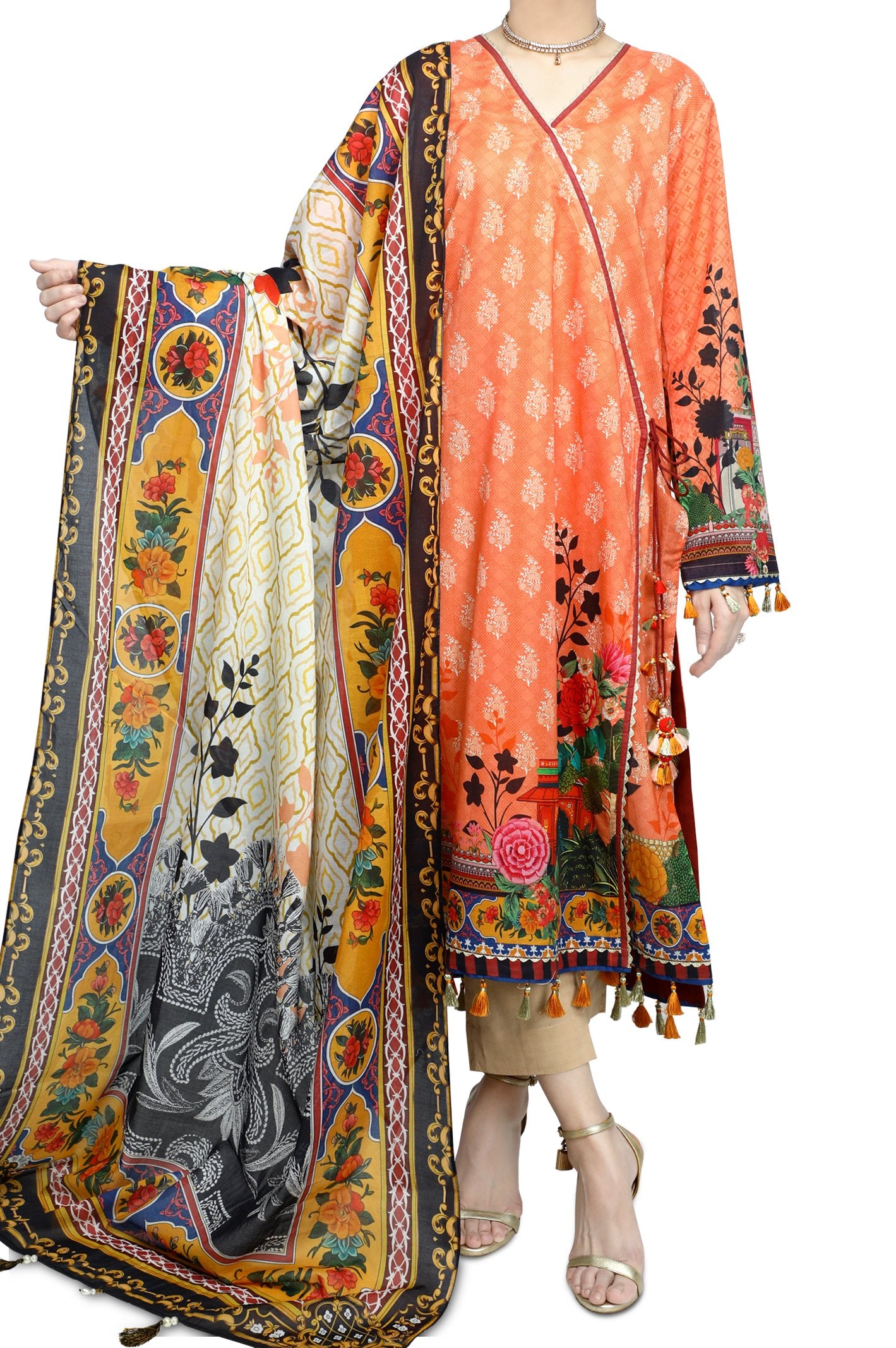 Unstitched Printed Lawn SKU: WUD0092-ORANGE (2 Pcs) - Diners