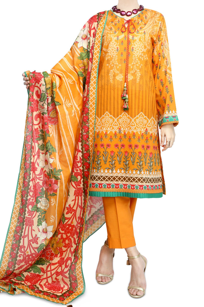 Unstitched Printed Lawn SKU: WUD0093-YELLOW (2 Pcs) - Diners