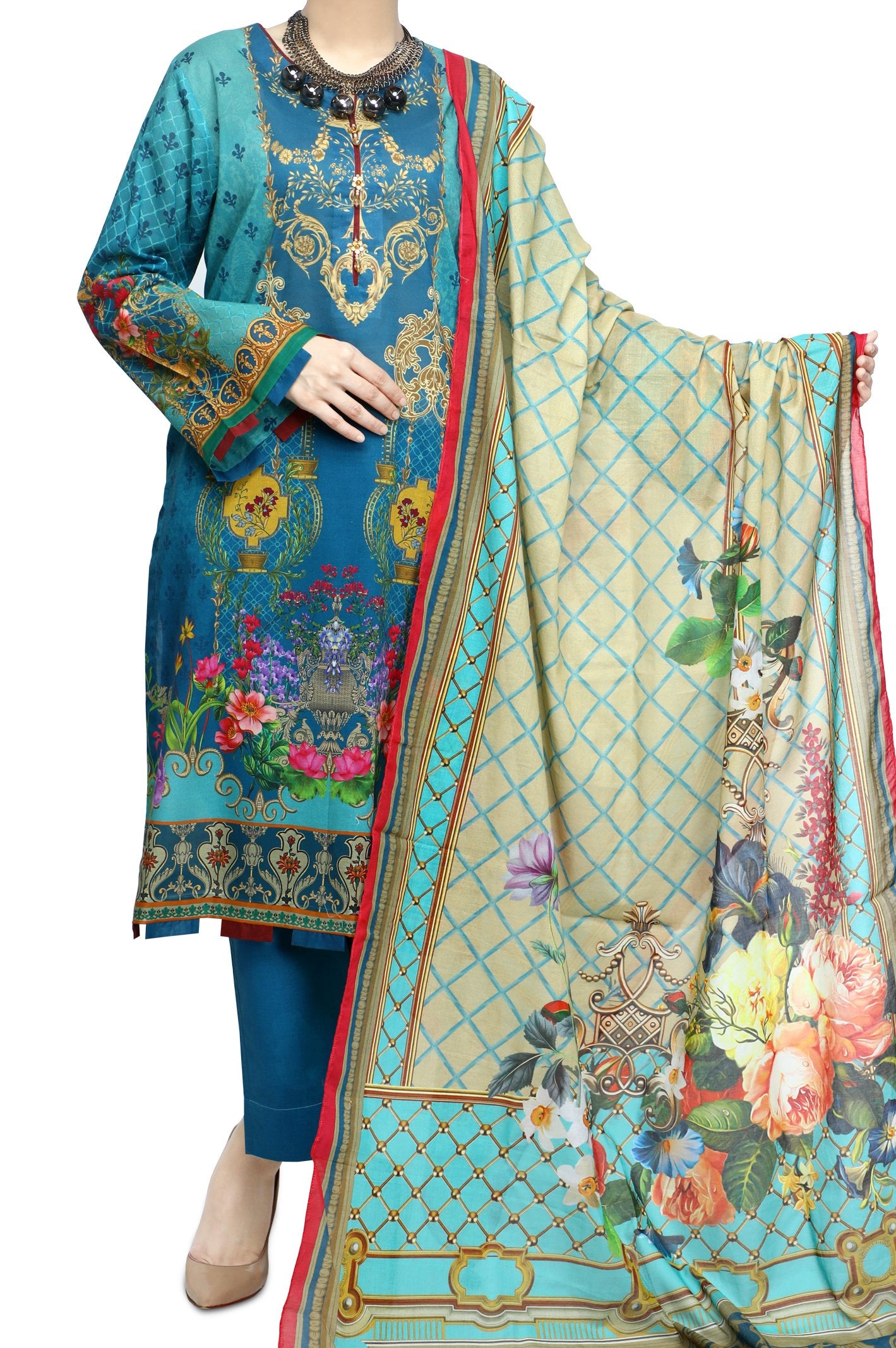 Unstitched Printed Lawn SKU: WUD0095-BLUE (2 Pcs) - Diners