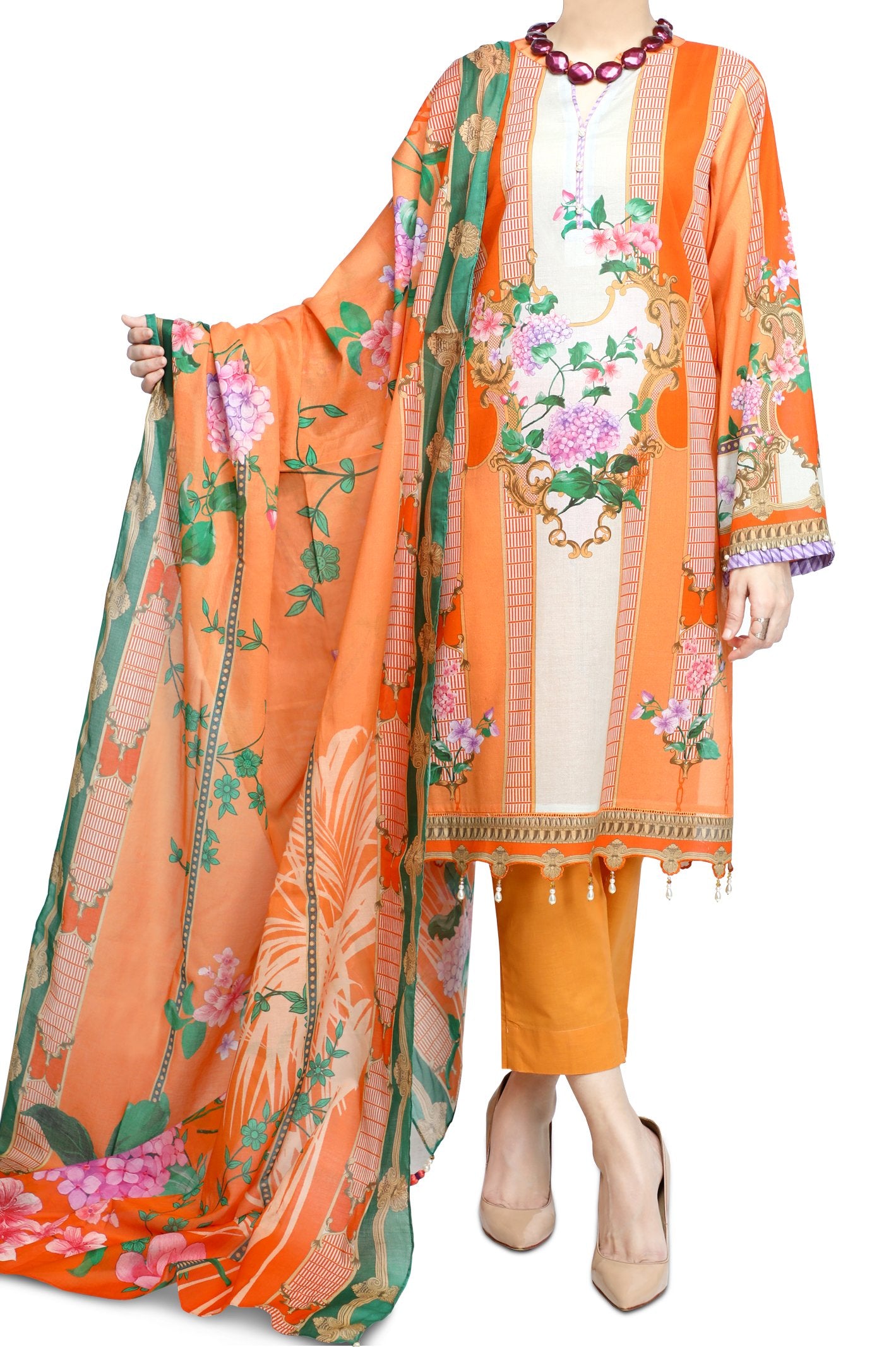 Unstitched Printed Lawn SKU: WUD0097-ORANGE (2 Pcs) - Diners